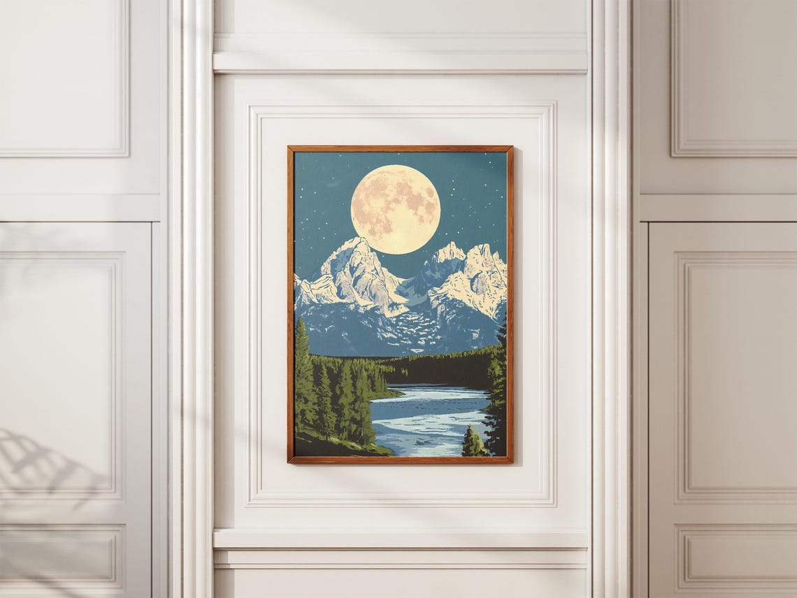 Grand Teton National Park Poster Wyoming Moonlit Landscape Print Mountains Art Vintage Style Travel Nature Photography Wall Decor - Image 2