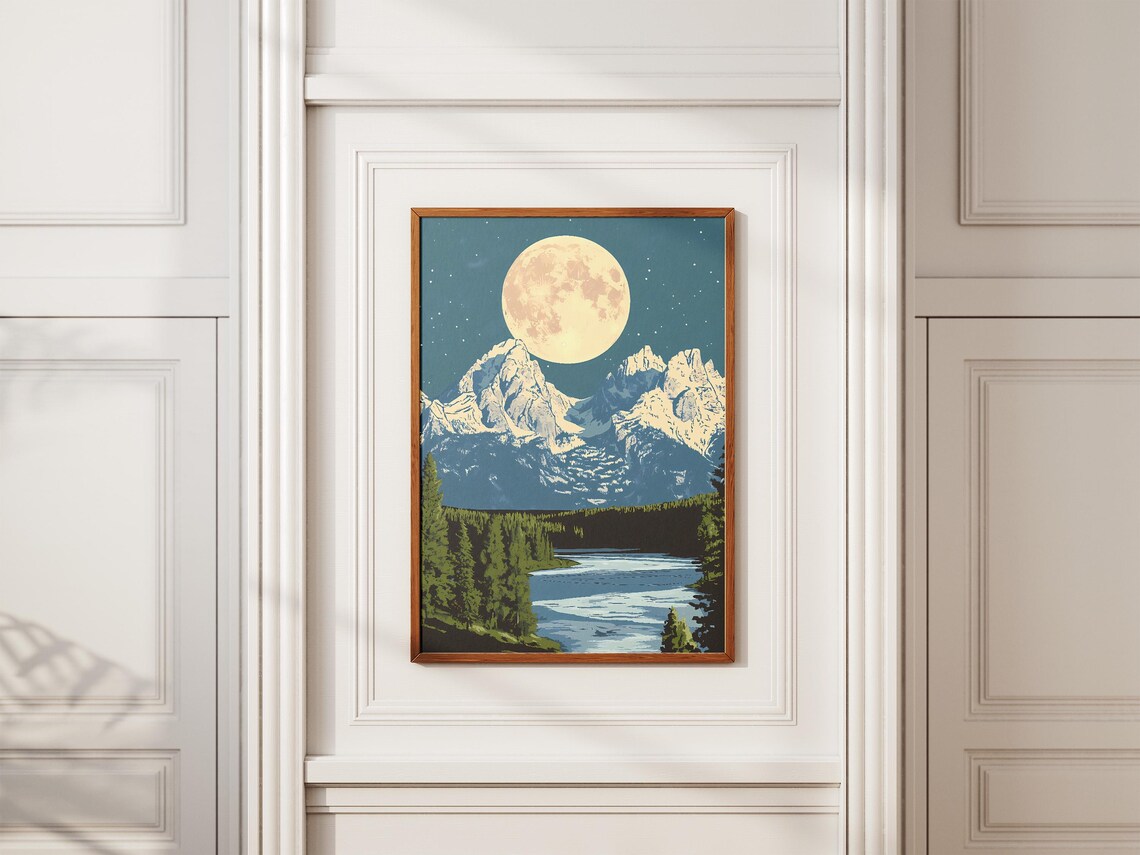 Grand Teton Wyoming Moonlit River Valley Pine Forest Night Landscape Poster - Image 2