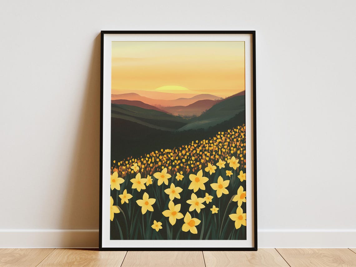 Yellow Daffodil Hillside Meadow at Golden Sunset Nature Art Poster