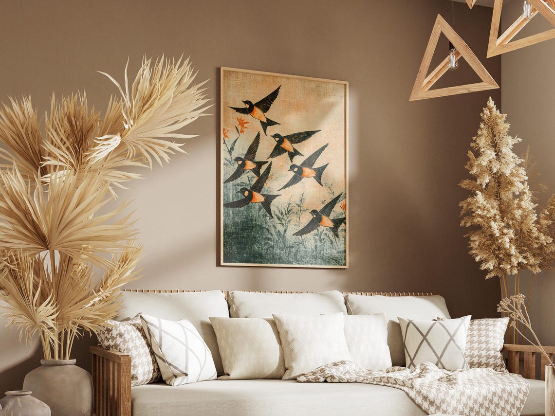 Six Black Orange Swallows In Flight Over Reeds Woodblock Poster - Image 3