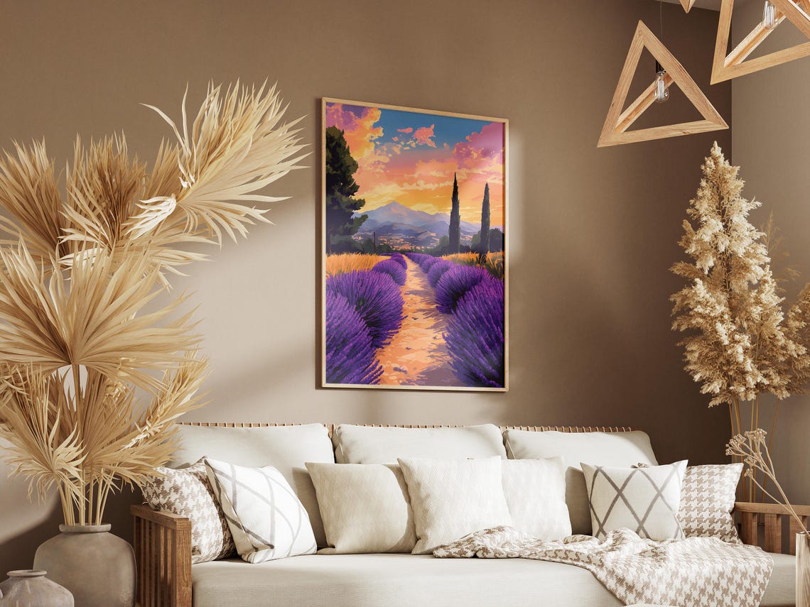 Lavender Rows Sunset Valley Pink Sky Romantic Landscape Poster - Image 3