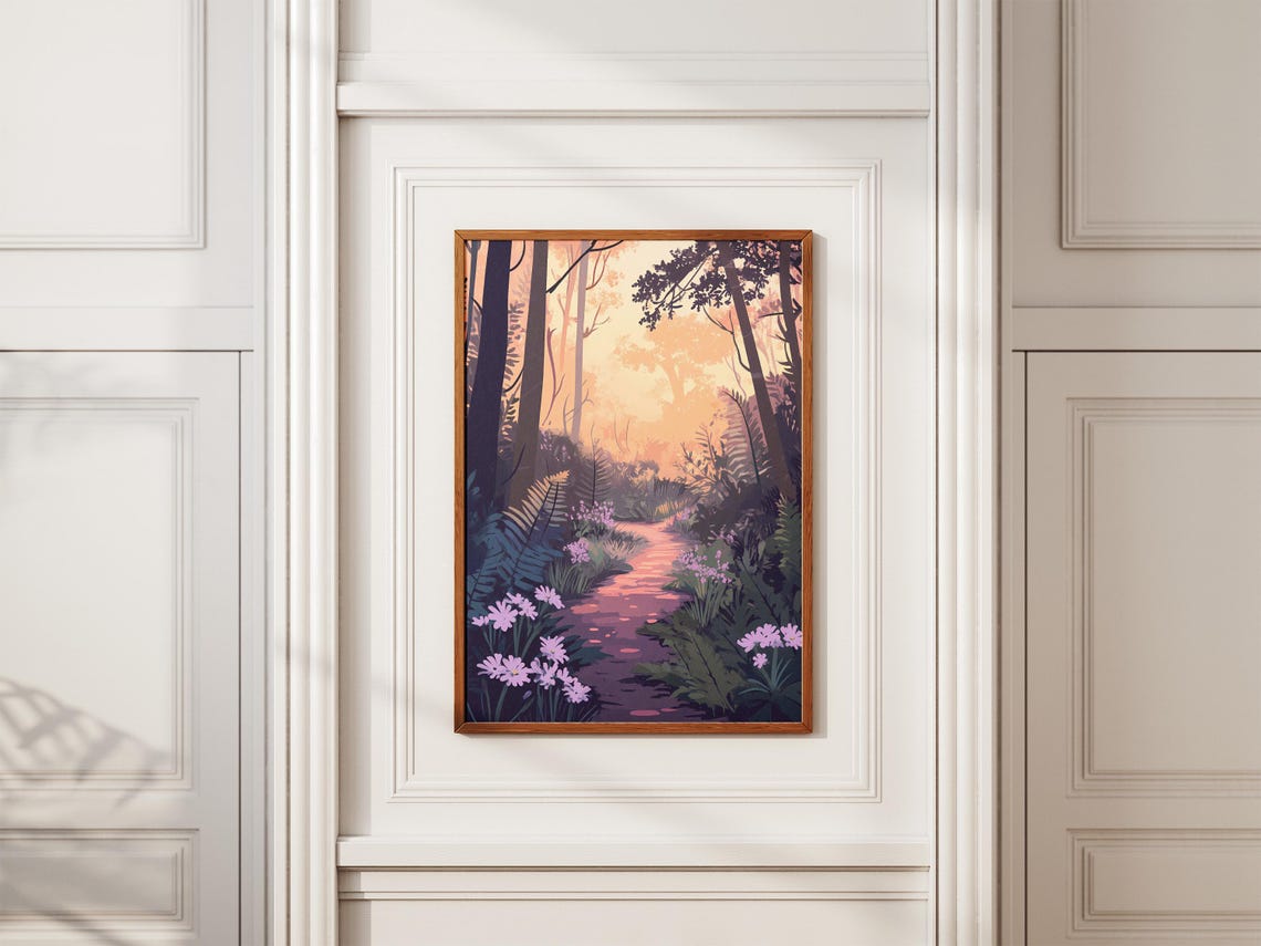 Fern Forest Path Violet Blooms Sunset Glow Woodland Flower Poster - Image 2