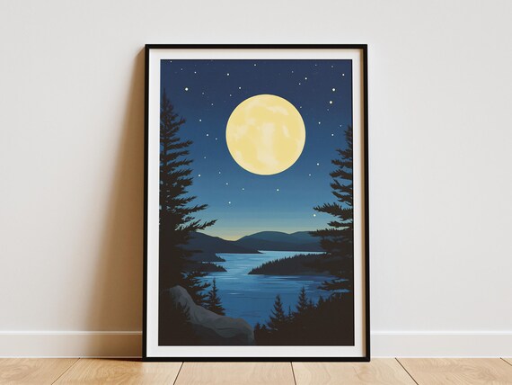 Acadia National Park Maine Moonlit Lake Starry Night Vintage Travel Poster