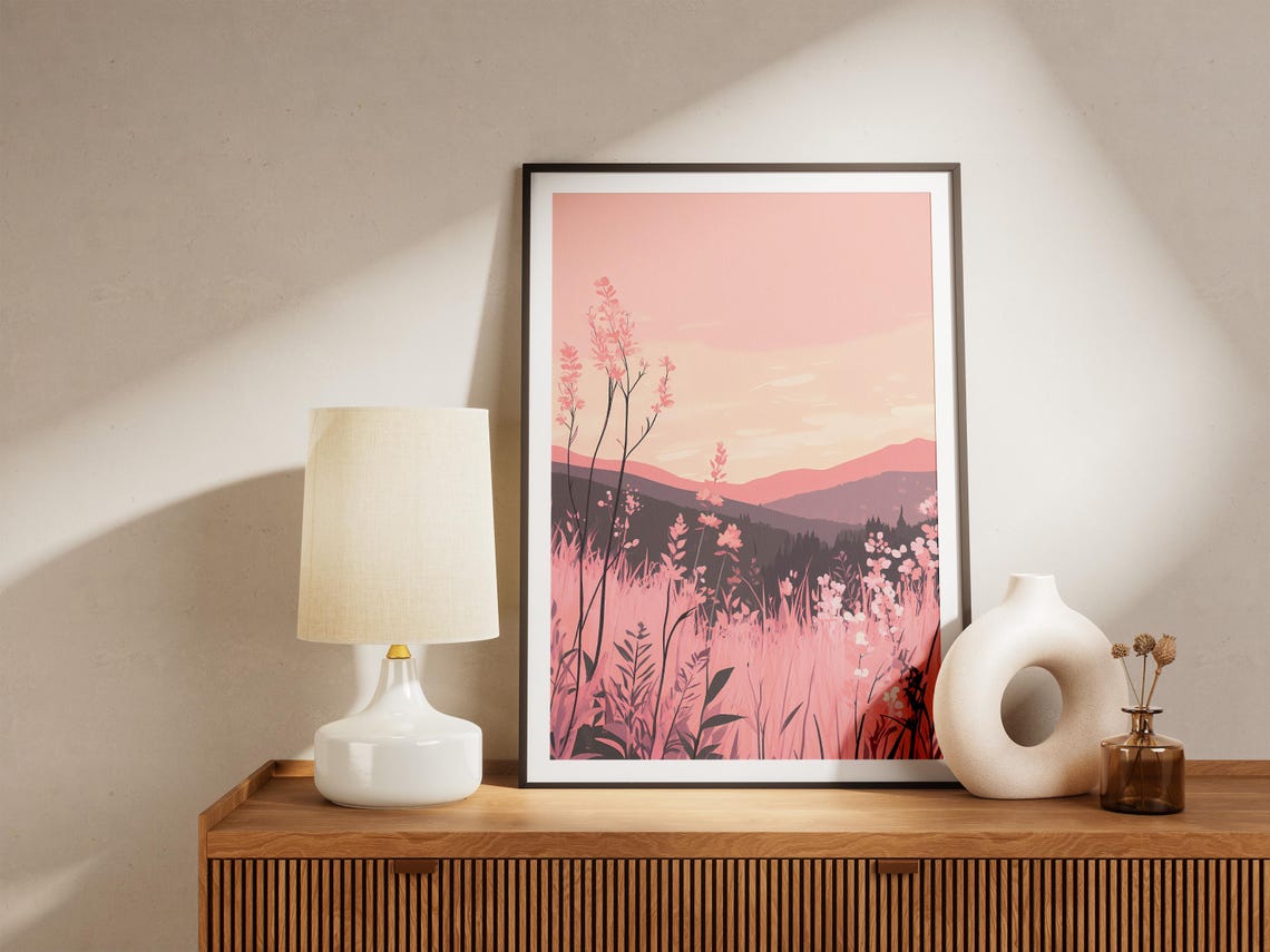 Pink Fireweed Meadow at Sunset Before Dusky Mountains Poster - Image 5