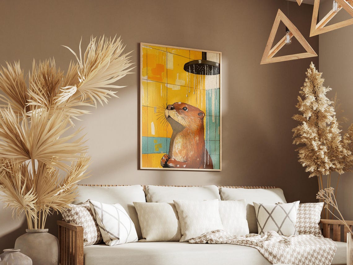 Otter Enjoying Running Shower Yellow Tile Bathroom Fun Poster - Image 3