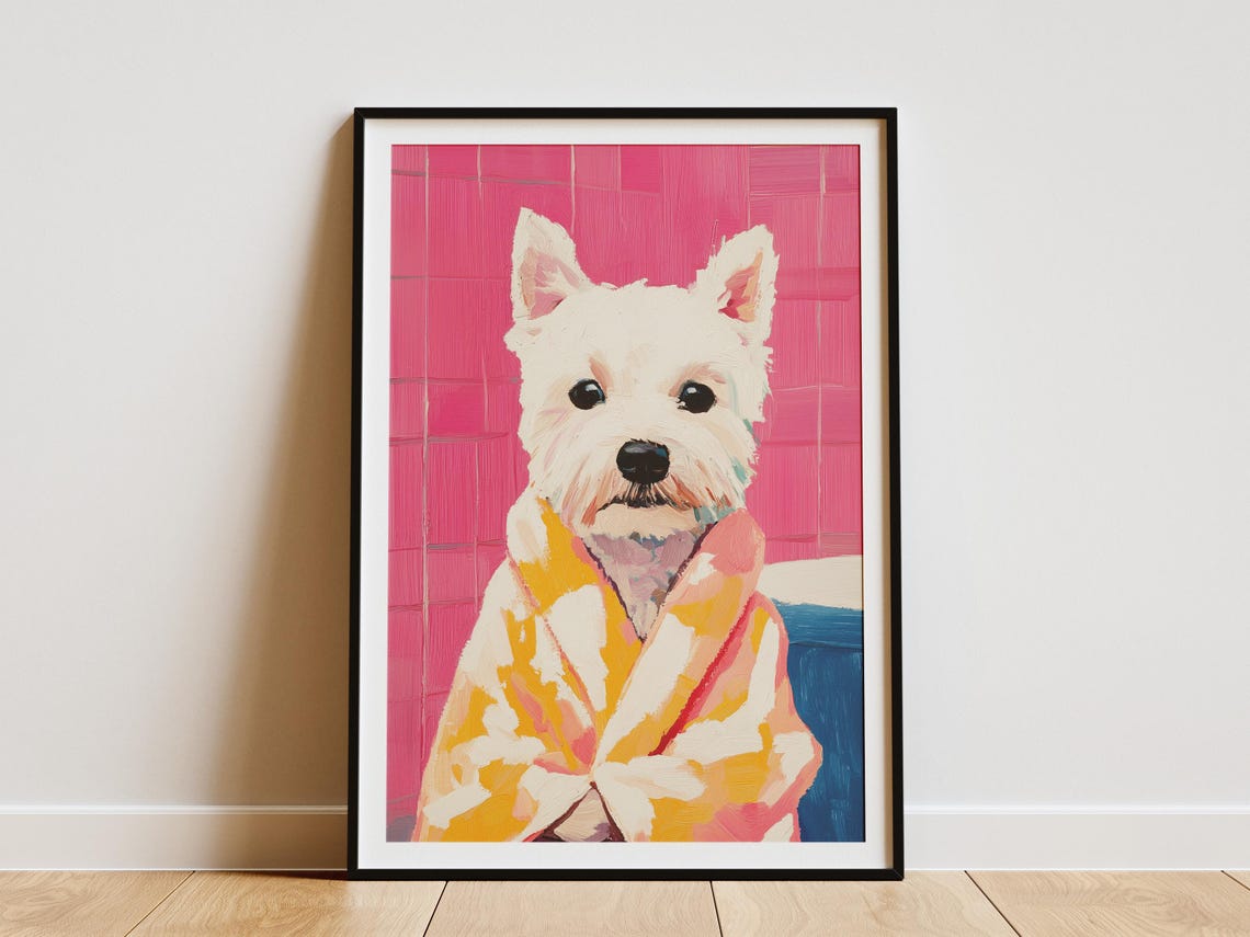 West Highland Terrier in Yellow Bathrobe Pink Bathroom Dog Poster