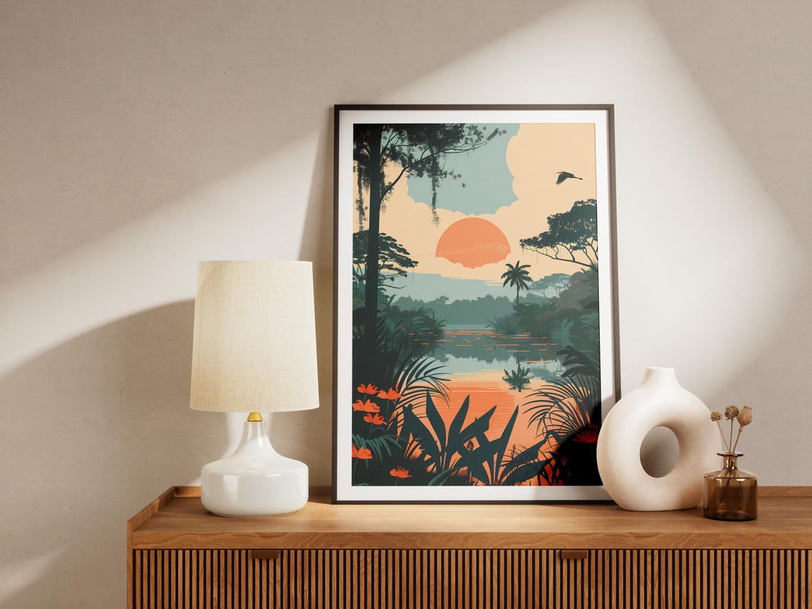 Okavango Delta Botswana Golden Sunset Lagoon Tropical Art Poster - Image 2