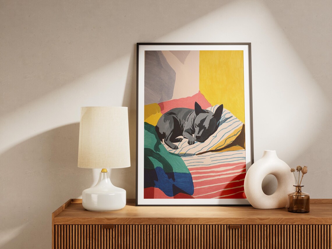 Staffordshire Terrier Sleeping on Striped Bed Bold Color Art Poster - Image 4