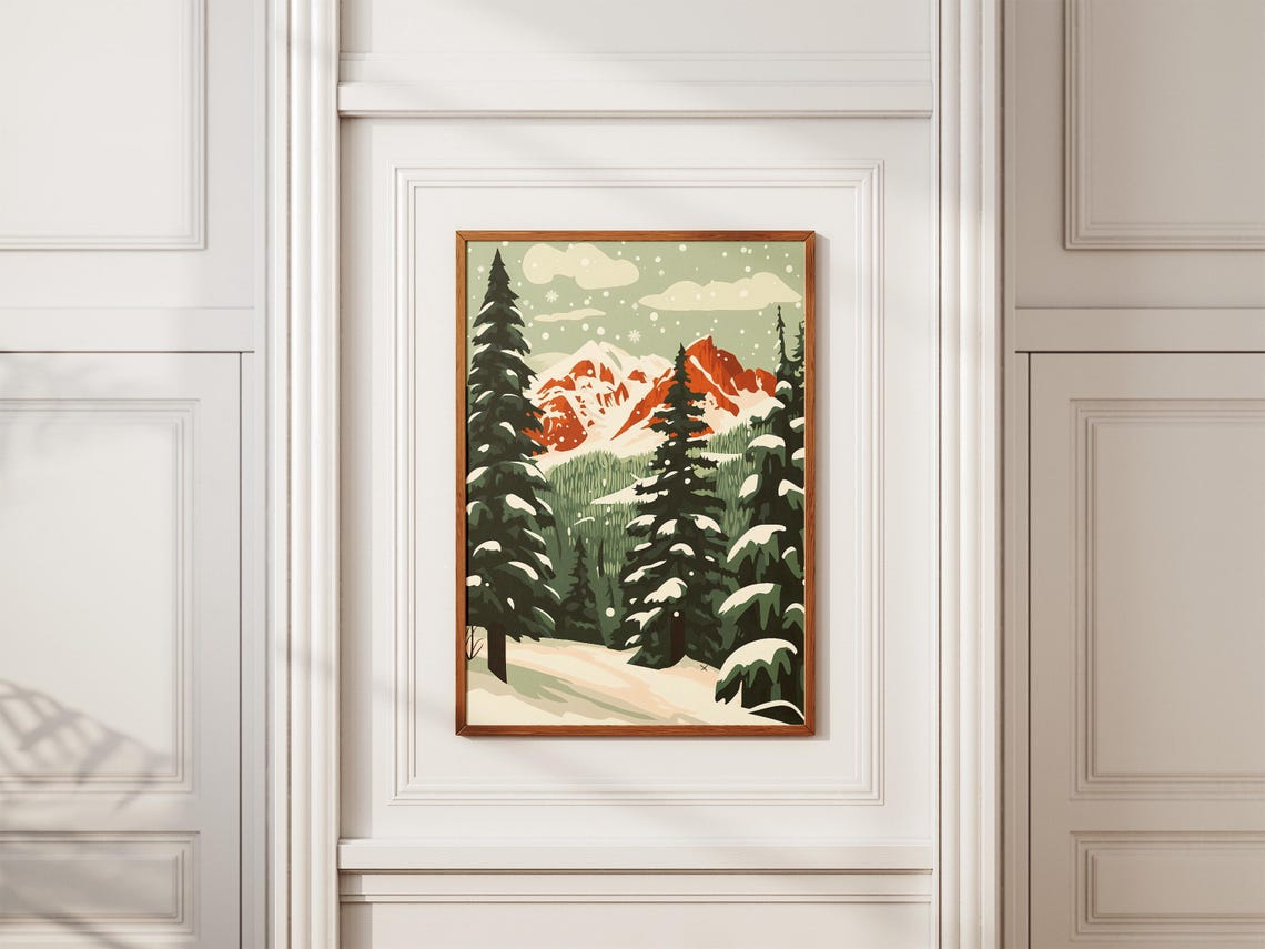 Snowy Pine Forest Framing Red Sunset Peaks Winter Holiday Poster - Image 2