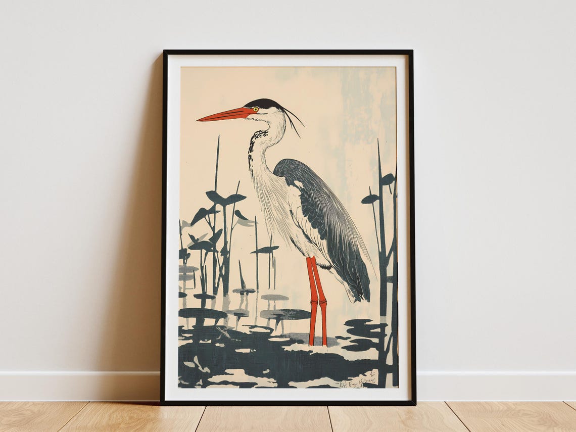 Grey Heron Standing In Marsh Reeds Minimalist Ink Art Poster