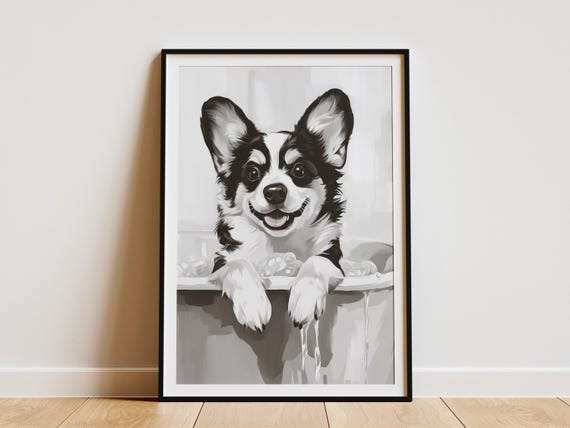 Corgi Dog In Bathtub Art Print Bubble Bath Poster Minimalist Animal Wall Lover Gift Bathroom Decor Cute