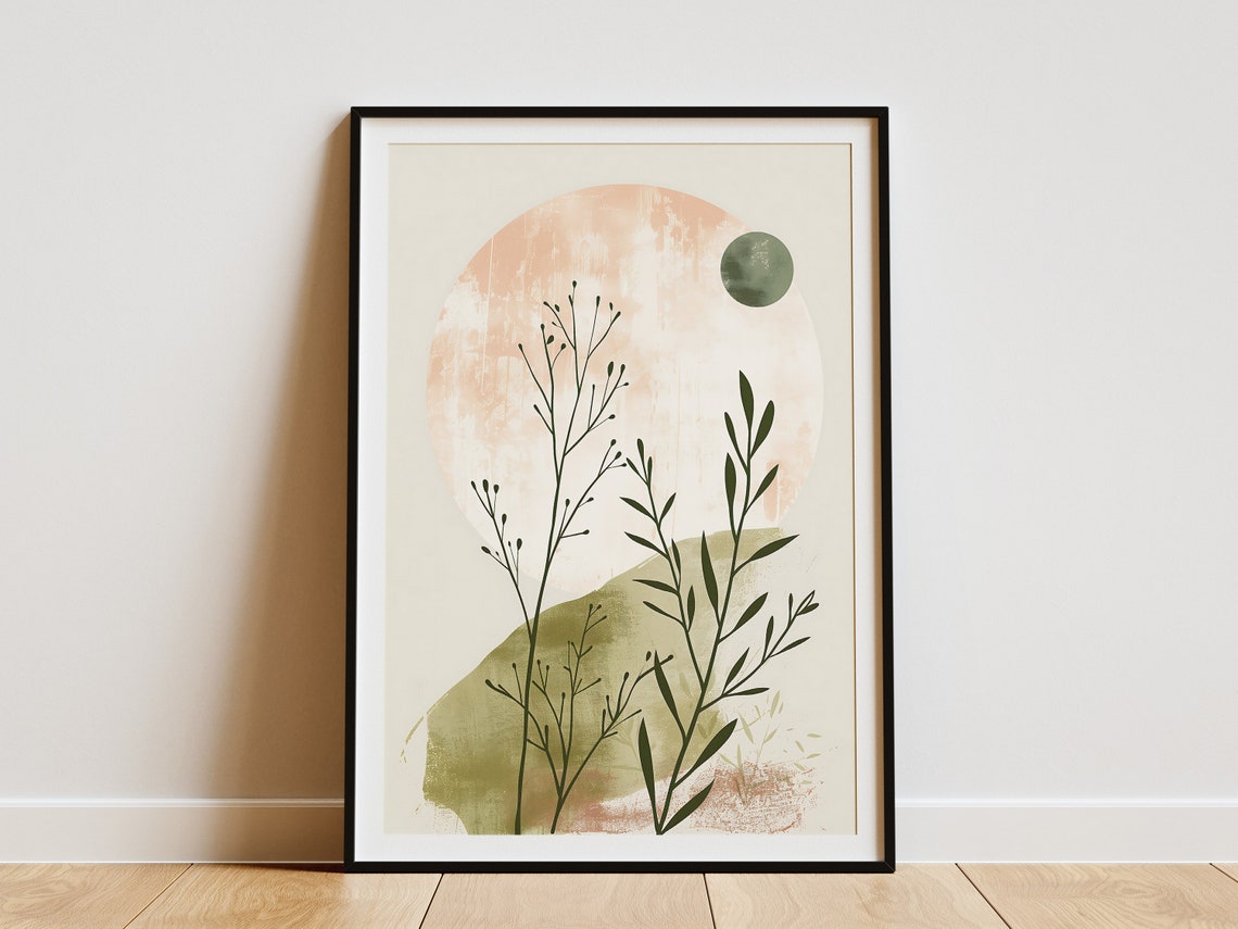 Blush Pink Sun and Sage Green Botanical Stems Abstract Poster