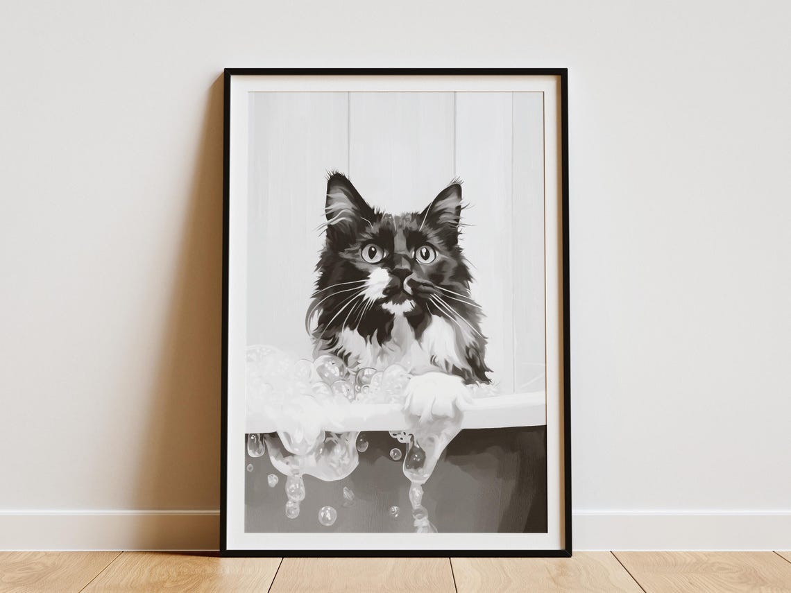 Cat In Bubble Bath Poster Long Haired Cat Bathroom Wall Decor