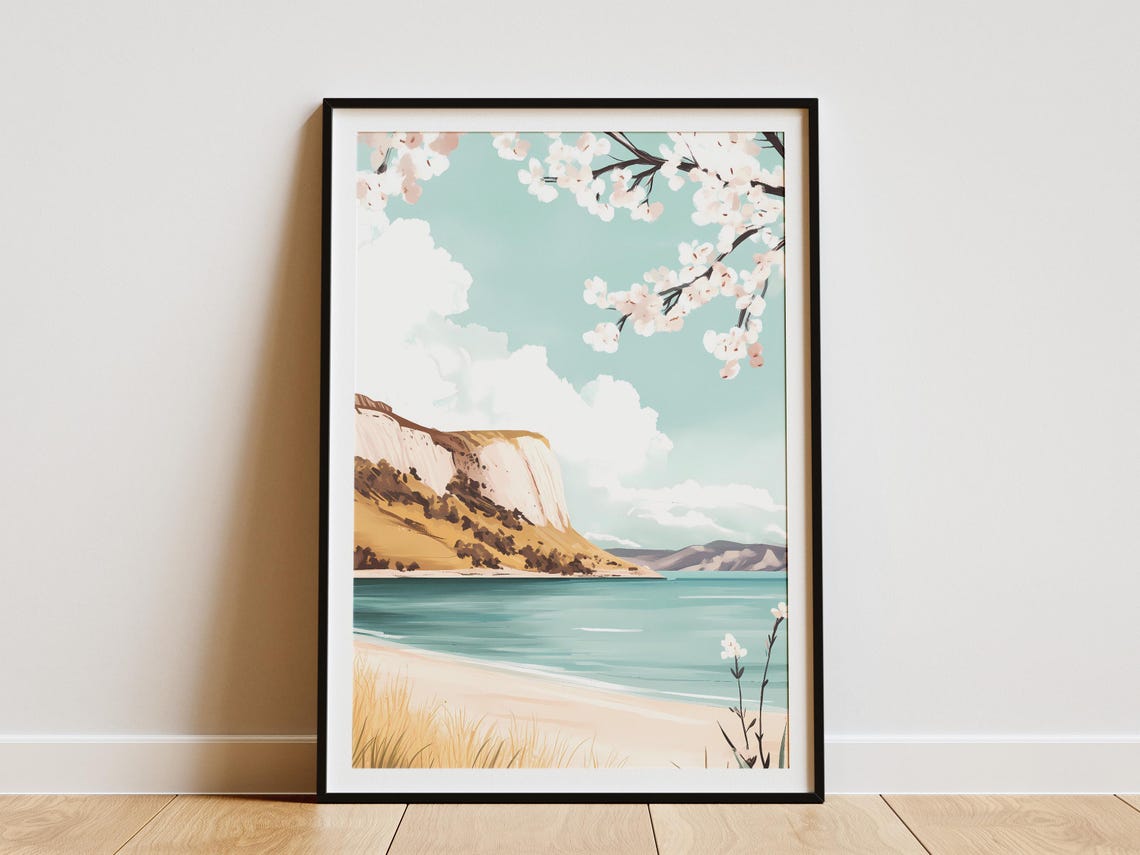 Coastal Cliff And Sandy Beach Framed By Cherry Blossoms Poster