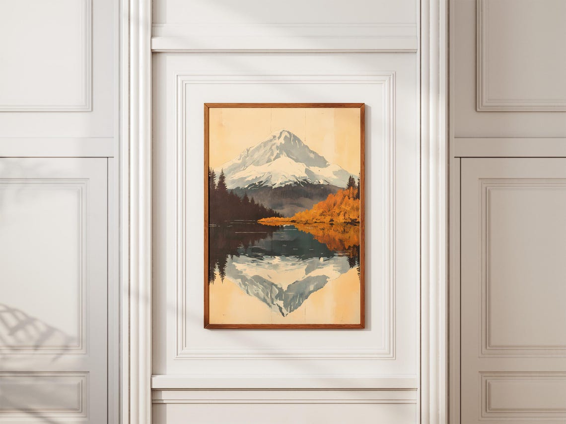 Snowcapped Mountain Lake Reflection Vintage Autumn Landscape Poster - Image 2