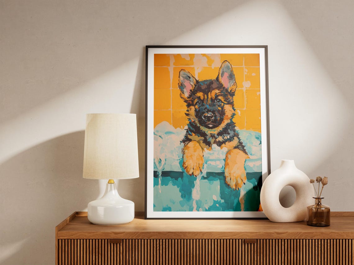 German Shepherd Puppy Bubble Bath Colorful Pop Art Dog Poster - Image 4