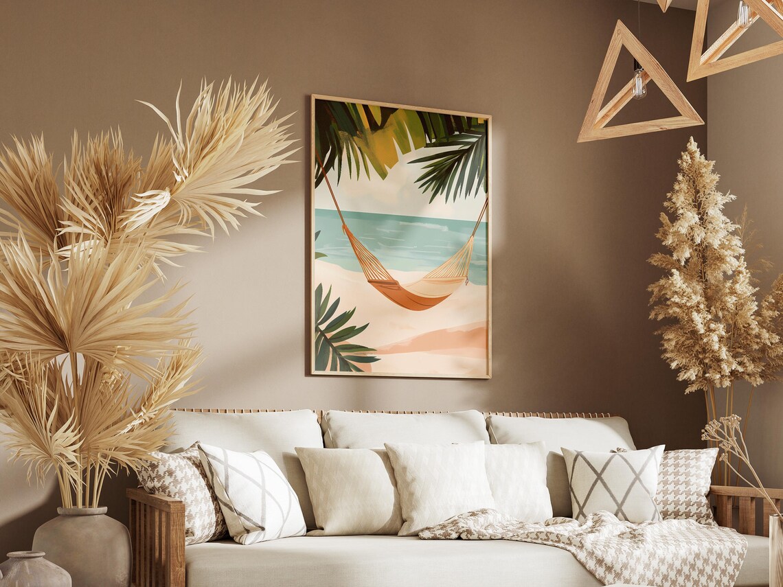 Orange Hammock on Tropical Beach Palm Fronds Ocean View Poster - Image 3