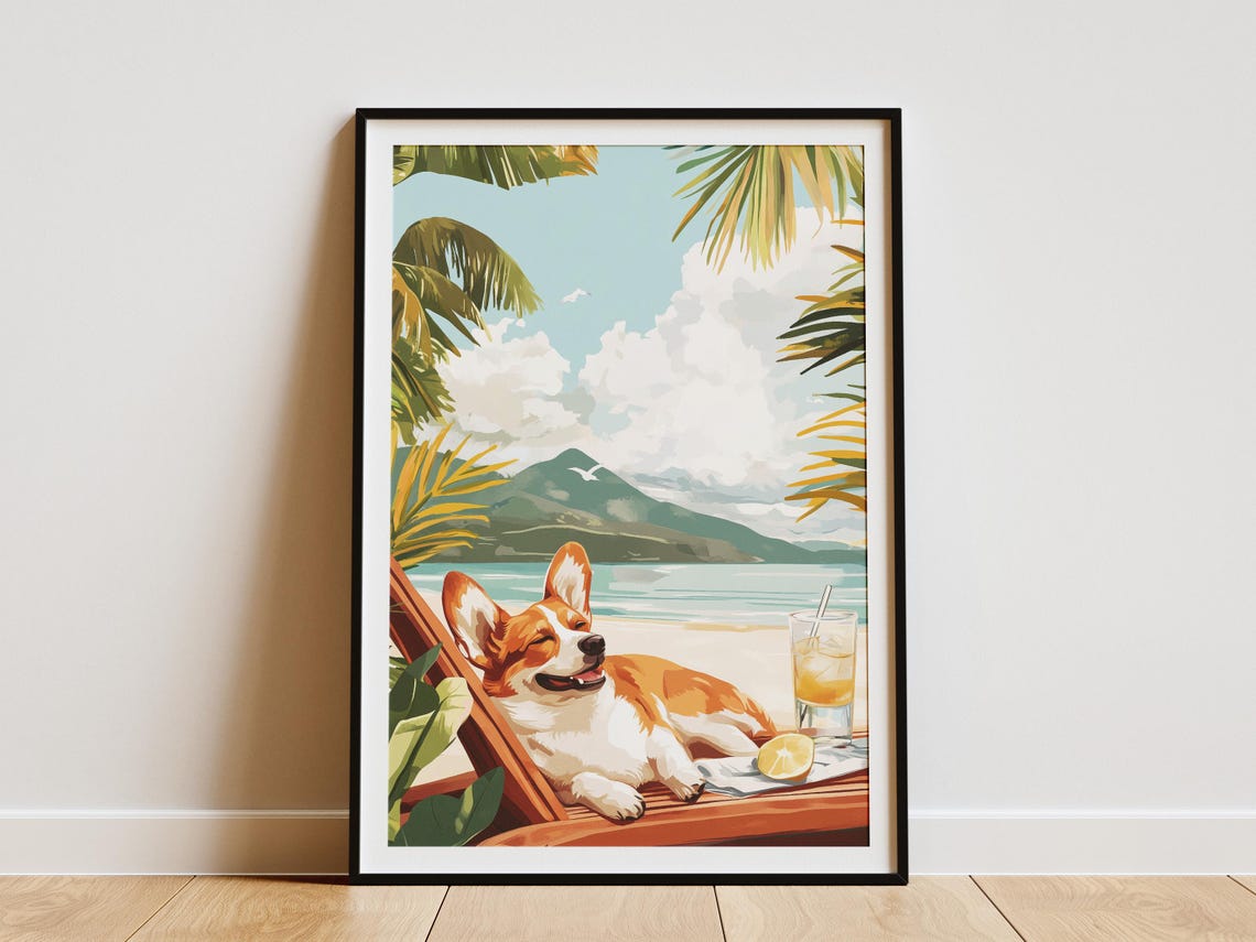 Corgi Lounging on a Beach Chair by a Tropical Volcanic Island Poster