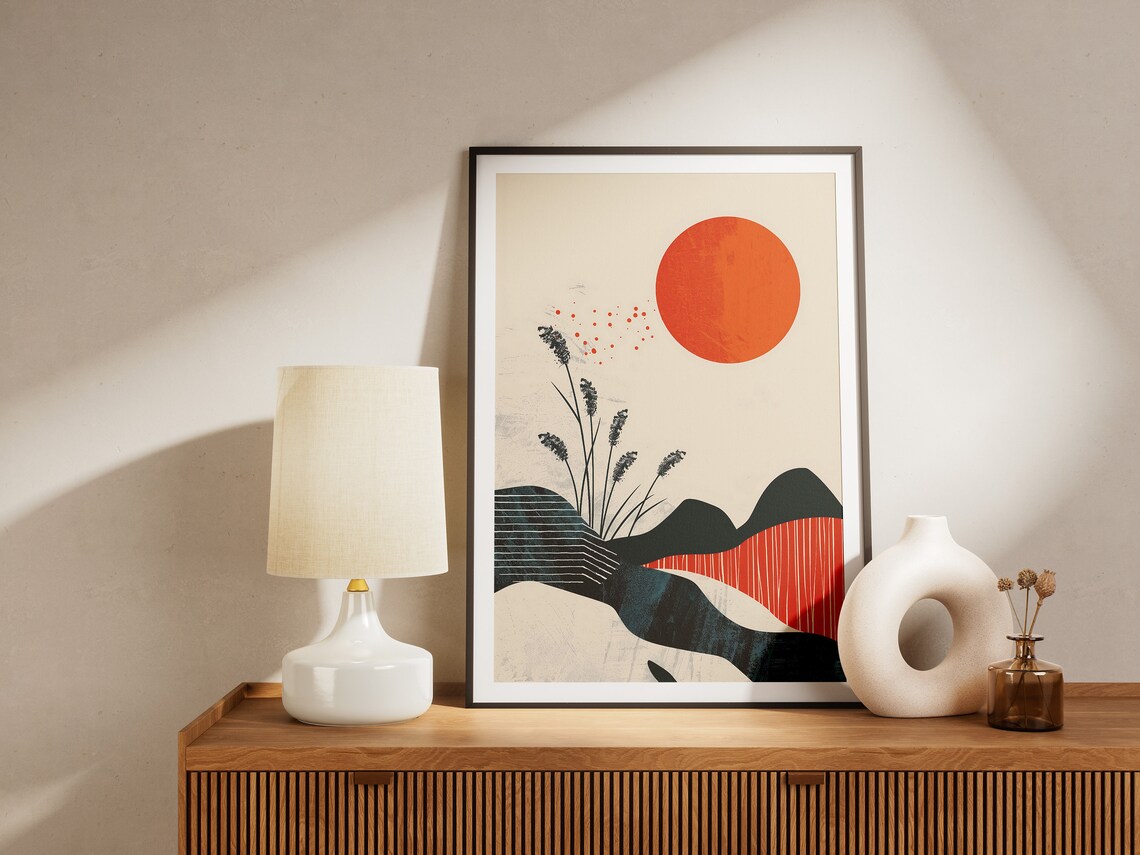 Red Sun Over Dark Rolling Hills Minimalist Landscape Art Poster - Image 2