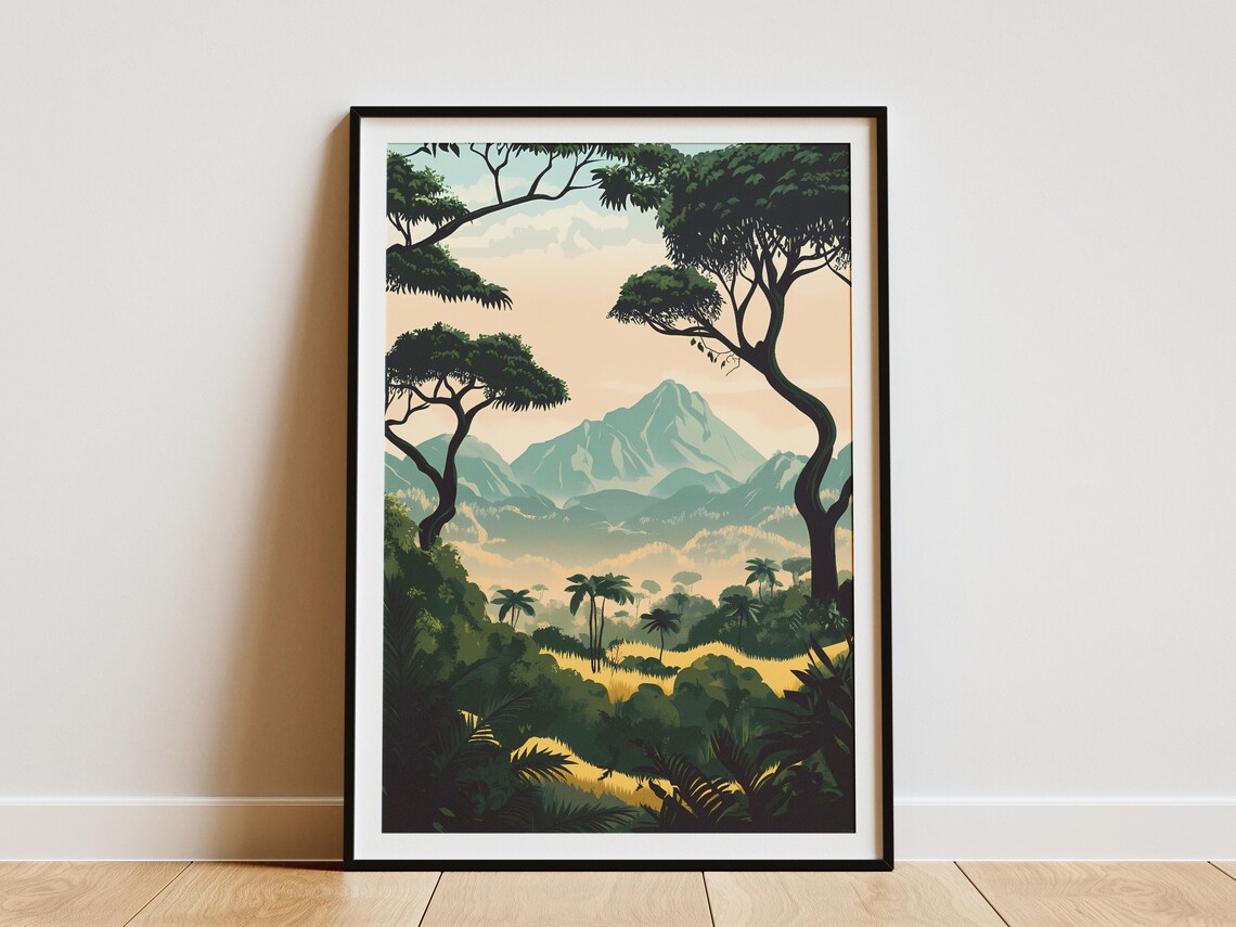 Waza National Park Cameroon Misty Mountain Jungle Travel Poster