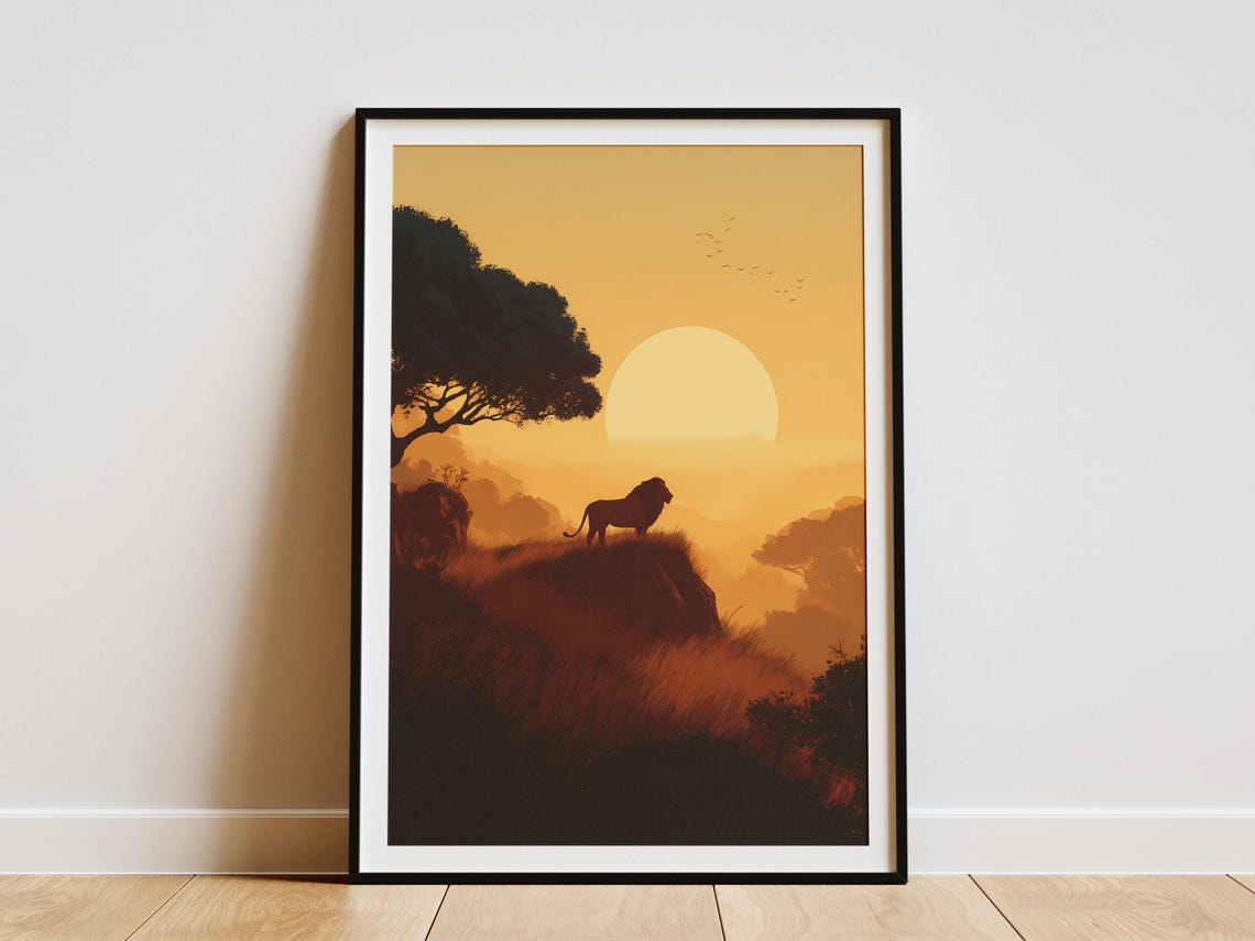 Lion Silhouette at Sunrise on Savanna Rock Acacia Tree Art Poster