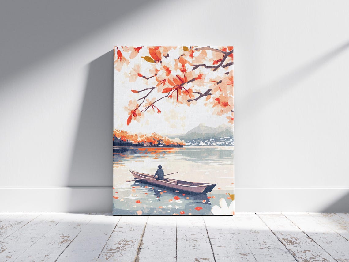 Rowboat on Calm River Cherry Blossom Canopy Japanese Nature Poster - Image 2