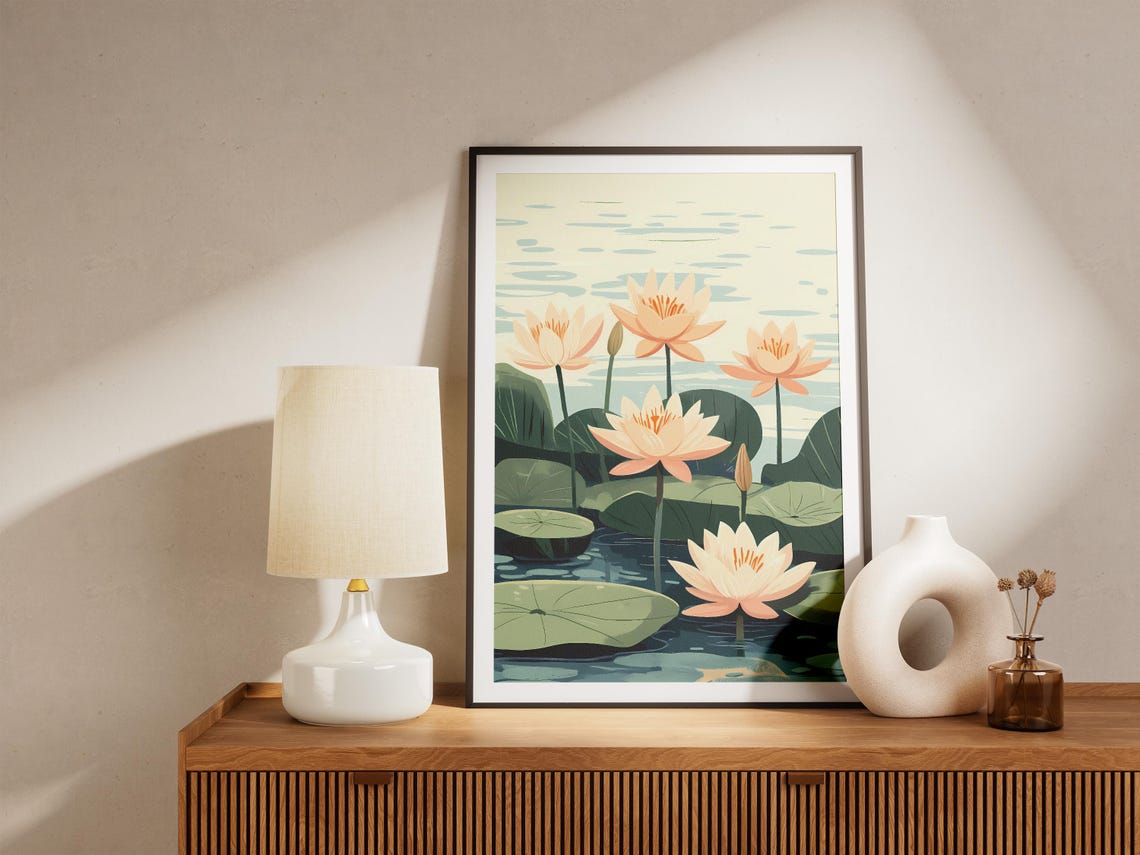Peach Water Lilies On Tranquil Pond Botanical Peaceful Poster - Image 5