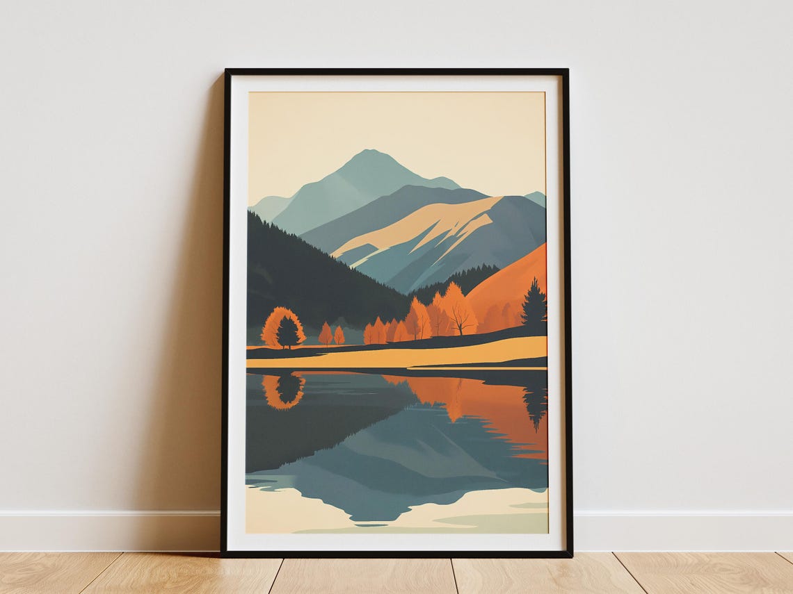 Lake District Autumn Lake Mirror Reflection Orange Trees Poster