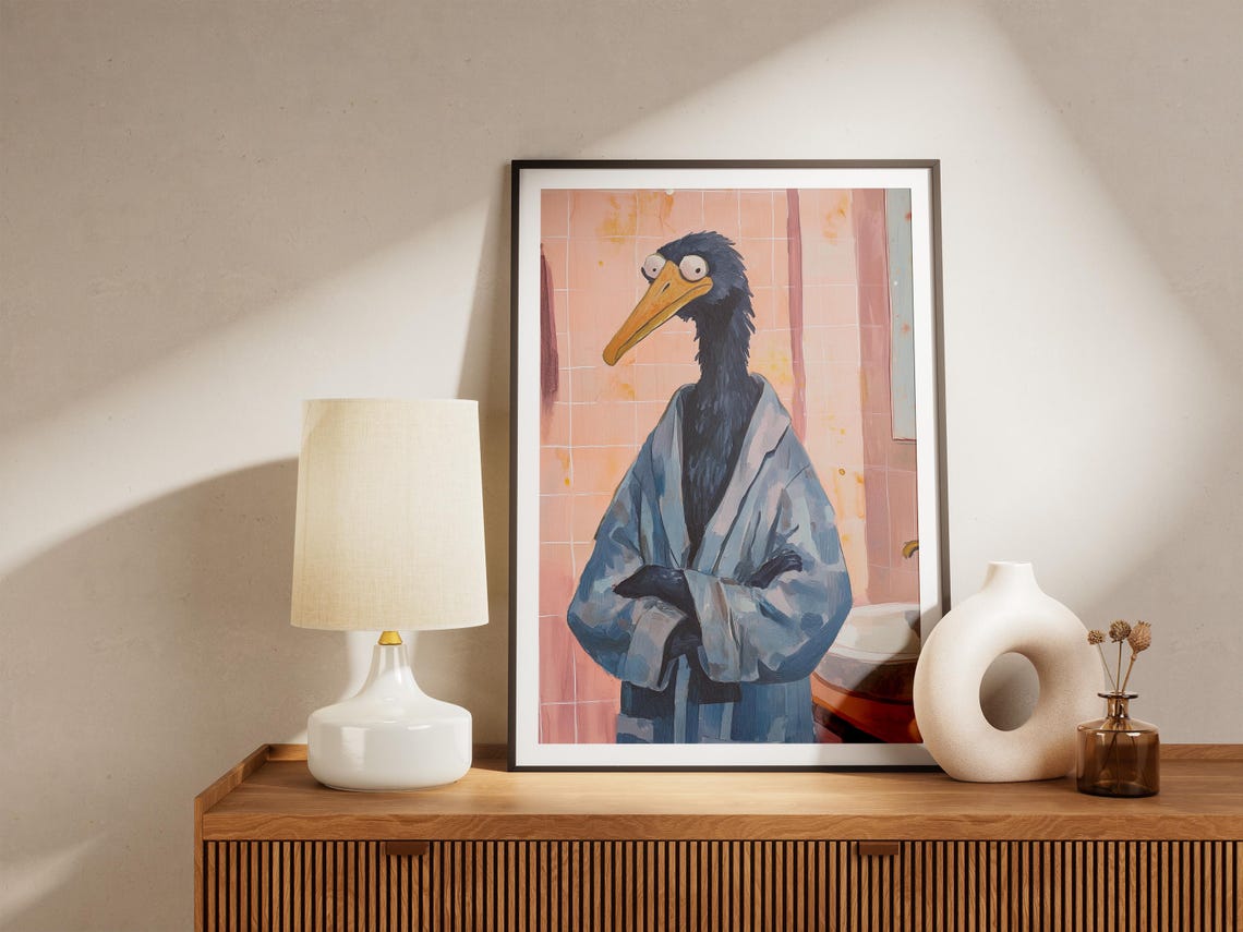 Shoebill Bird Wearing Blue Bathrobe Pink Tile Bathroom Poster - Image 5
