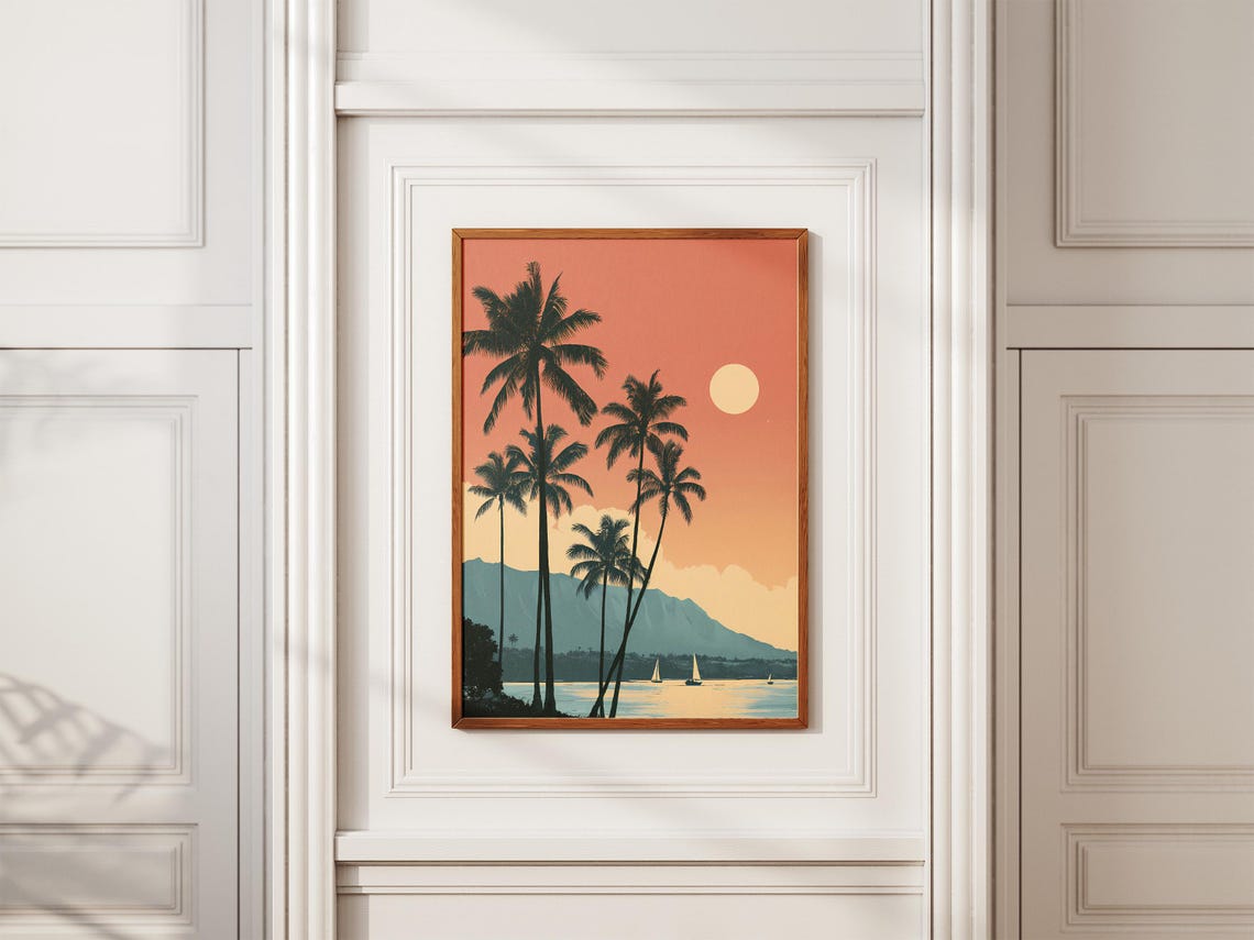Retro Hawaiian Travel Poster Silhouette Palms Sunset Ocean View - Image 2