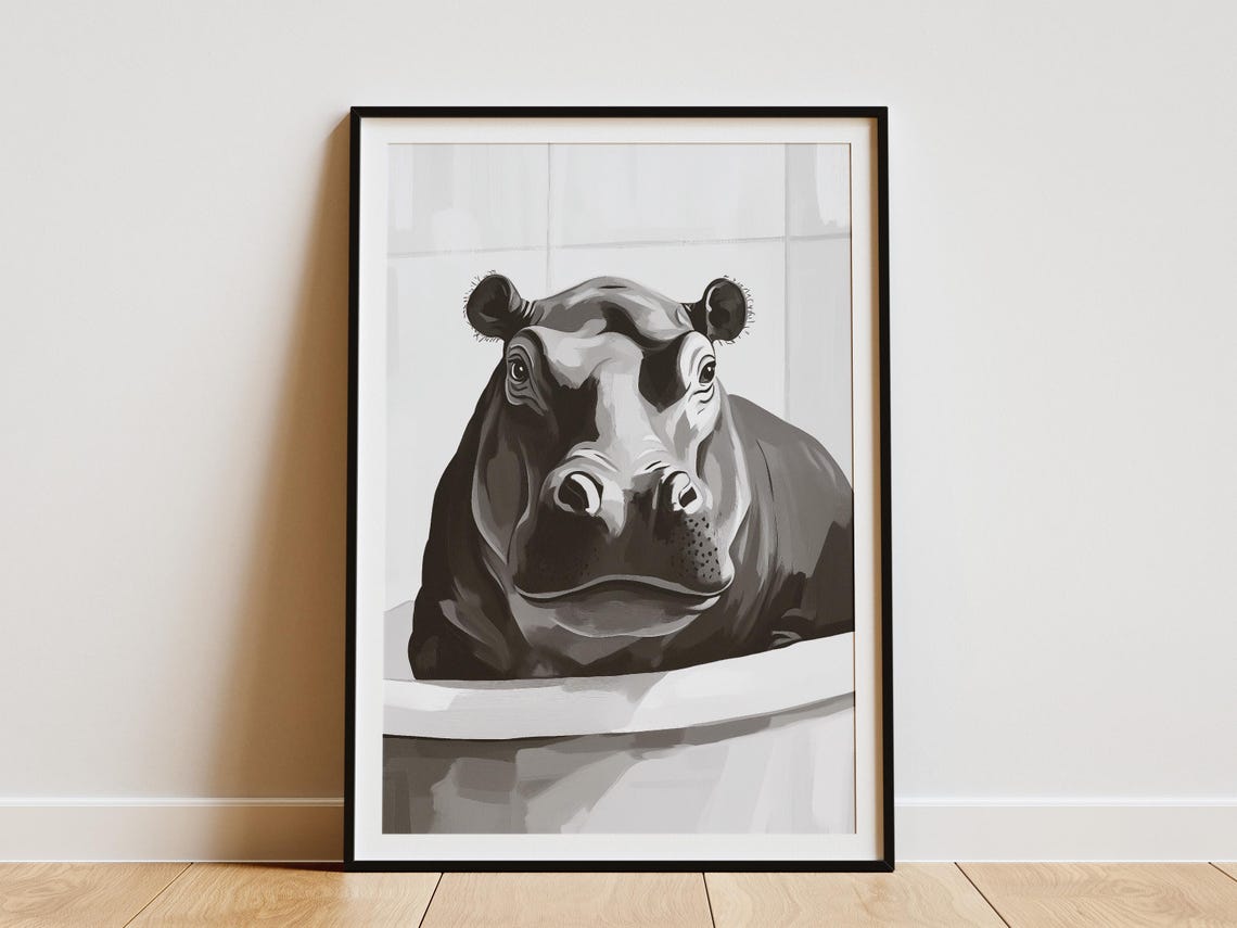 Hippo In Bathtub Poster Animal Art Print Minimalist Bathroom Decor Wall Funny Lover Gift