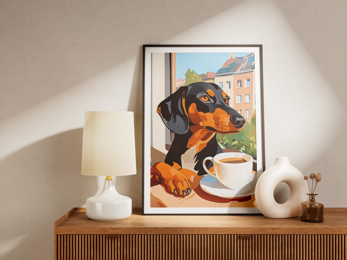 Black and Tan Dachshund with Coffee at a Sunny City Window Poster - Image 4