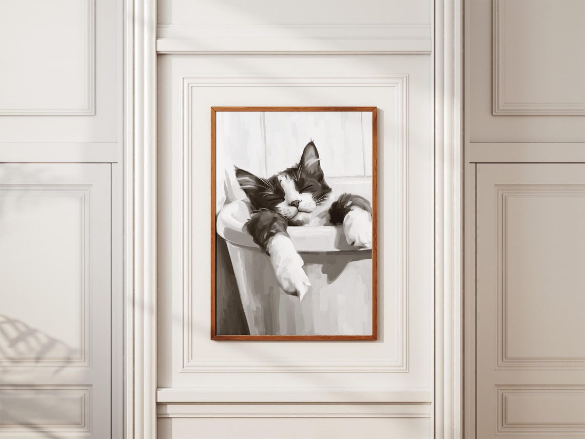Sleeping Cat In Bathtub Black White Minimalist Cat Art Poster - Image 2
