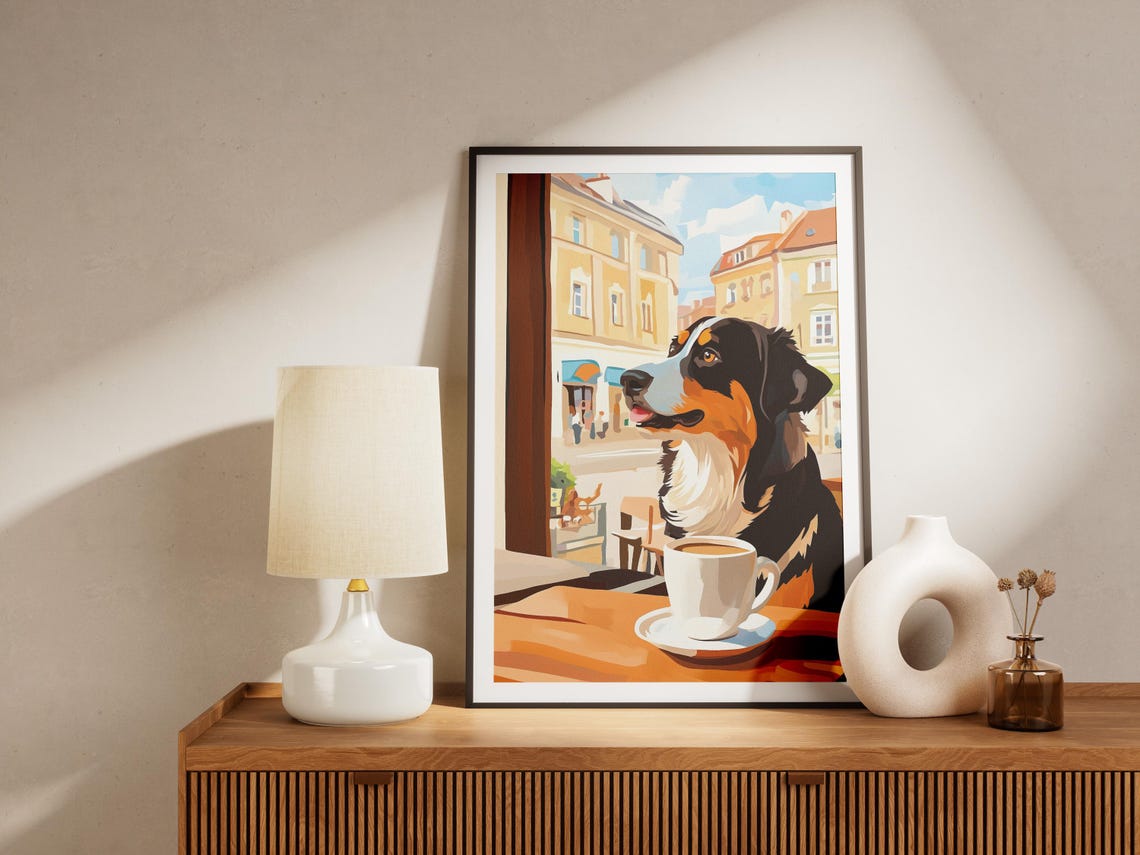 Bernese Mountain Dog Gazing Out a Cafe Window at the City Poster - Image 4