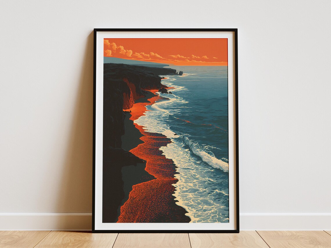 Black Sand Beach Lava Rock Hawaiian Coast Sunset Scenic Poster