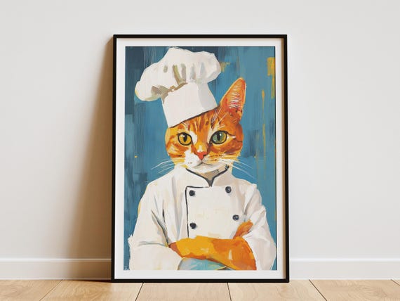 Ginger Cat Chef Art Print Whimsical Kitchen Wall Decor Funny Animal Poster Domestic Shorthair In Uniform Home