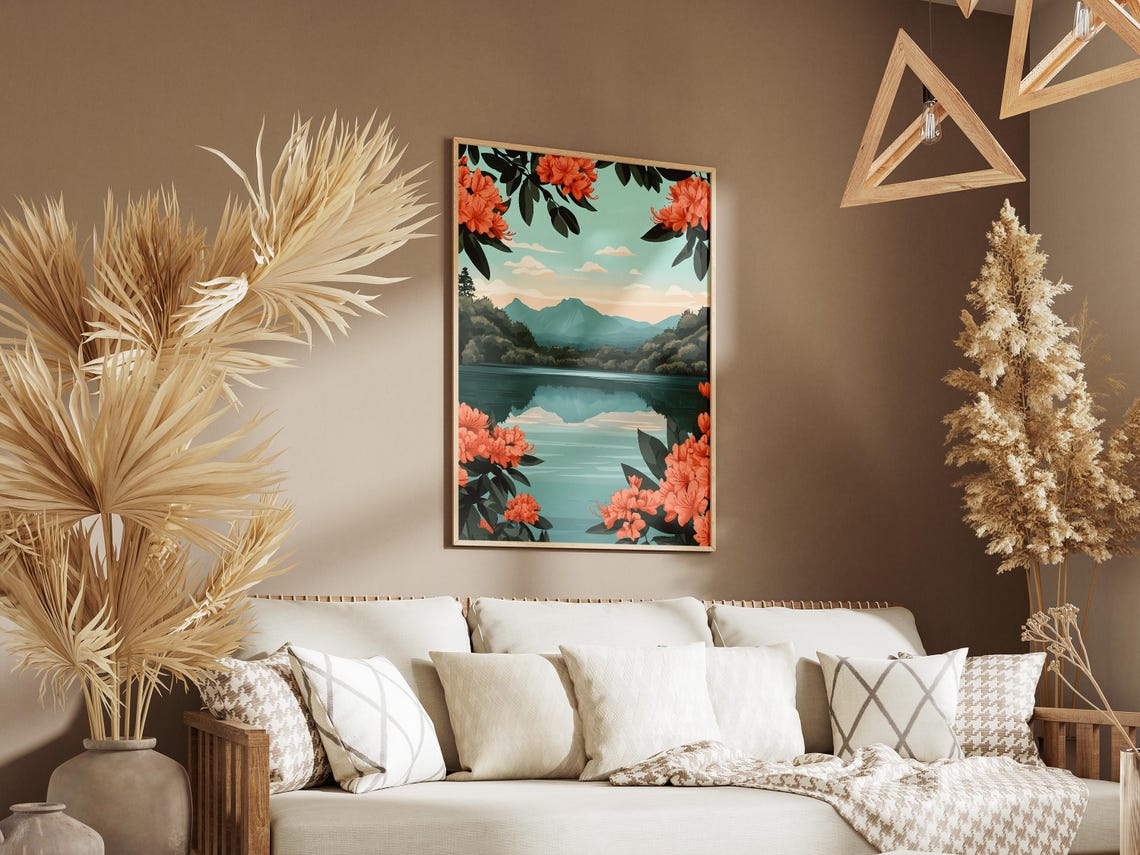 Rhododendron Framed Mountain Lake Coral Blooms Forest View Poster - Image 3