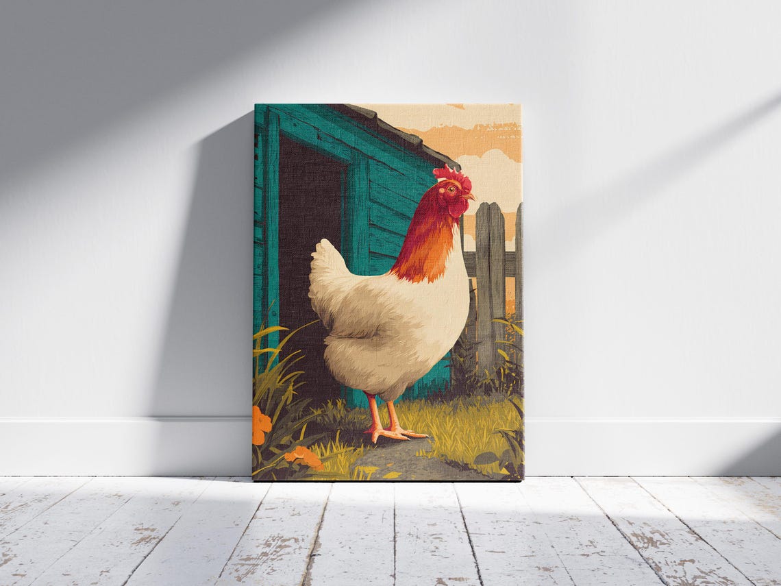 Vintage Chicken Farm Animal Art Print Rooster Hen Barnyard Travel Poster Style Wall Decor Rural Countryside Sunrise Morning Farmhouse Gift - Image 2