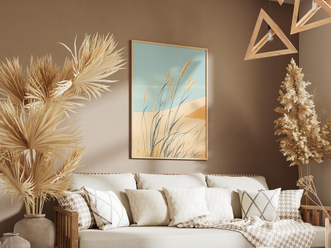Golden Dune Grass Under Pale Blue Sky Minimalist Coastal Poster - Image 3