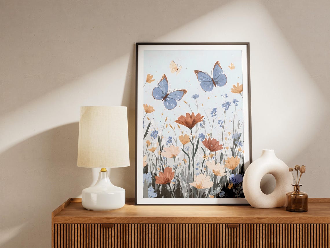 Blue Butterfly Meadow Wildflowers Botanical Garden Illustration Poster - Image 5