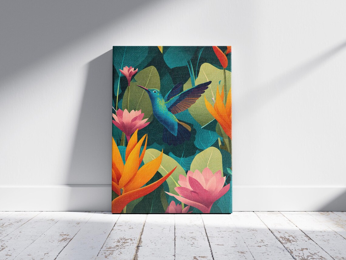 Blue Hummingbird Flying Among Tropical Flowers Foliage Poster - Image 2