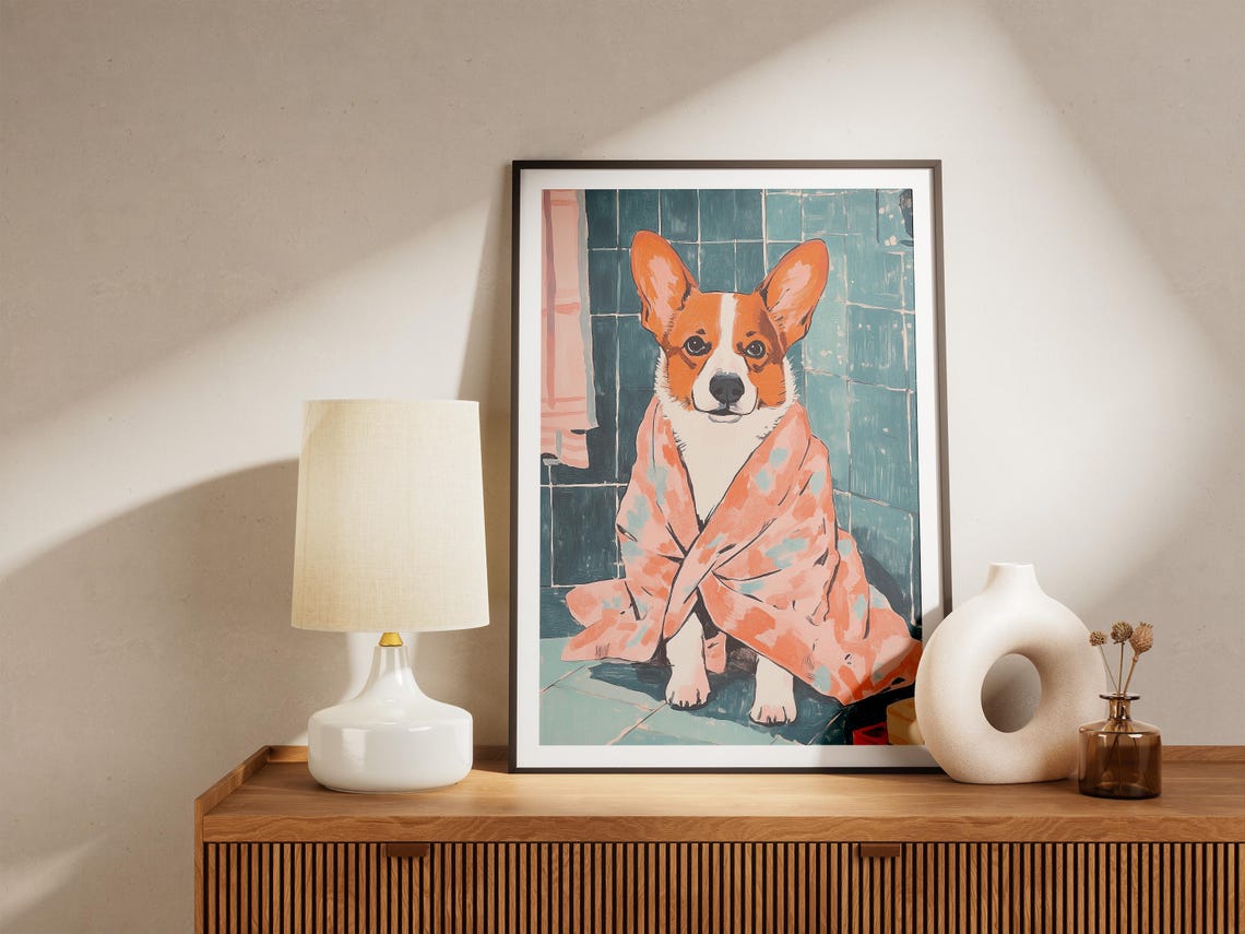 Corgi Dog Wrapped in Pink Floral Towel Cute Bathroom Art Poster - Image 4
