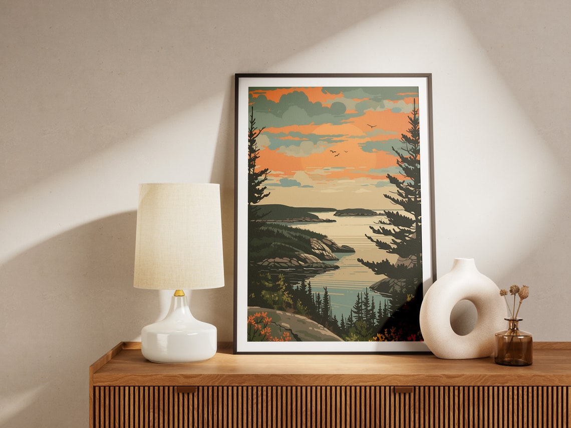 Sunset Lake Islands Framed by Dark Pine Forest Landscape Poster - Image 2