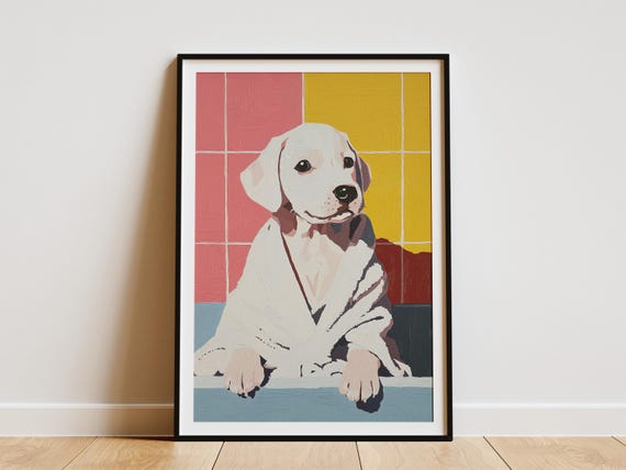 Labrador Retriever Puppy In Bathrobe Art Print Cute Wall Bathroom Decor Dog Lover Gift Nursery Pet Portrait Home
