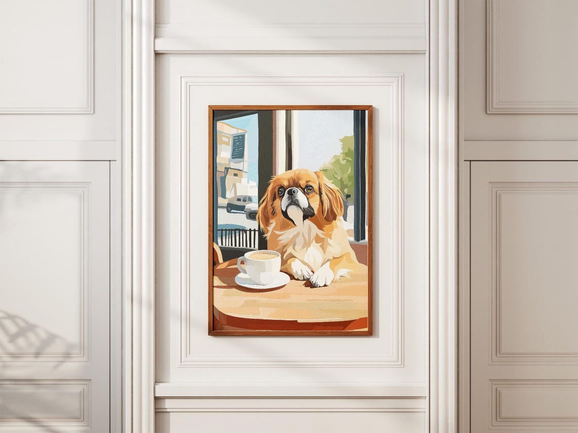 Pekingese at a Cafe Window Table with Steaming Coffee Poster - Image 2
