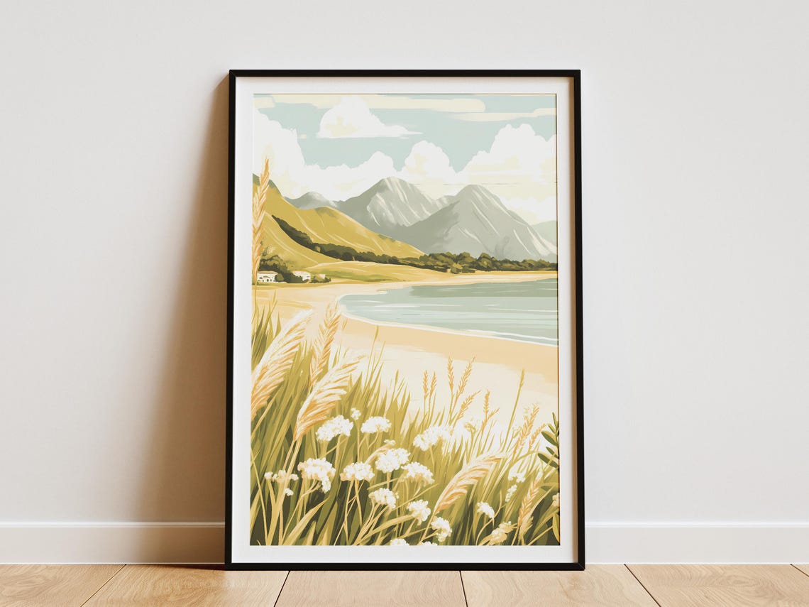 Windswept Coastal Dune Grasses Overlooking A Sunny Mountain Bay Poster