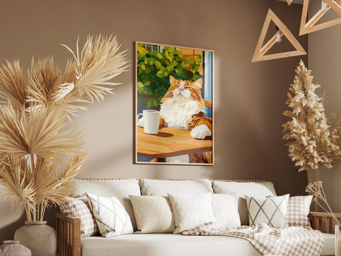 Fluffy Orange Cat Relaxing With Coffee Cozy Cafe Table Poster - Image 3