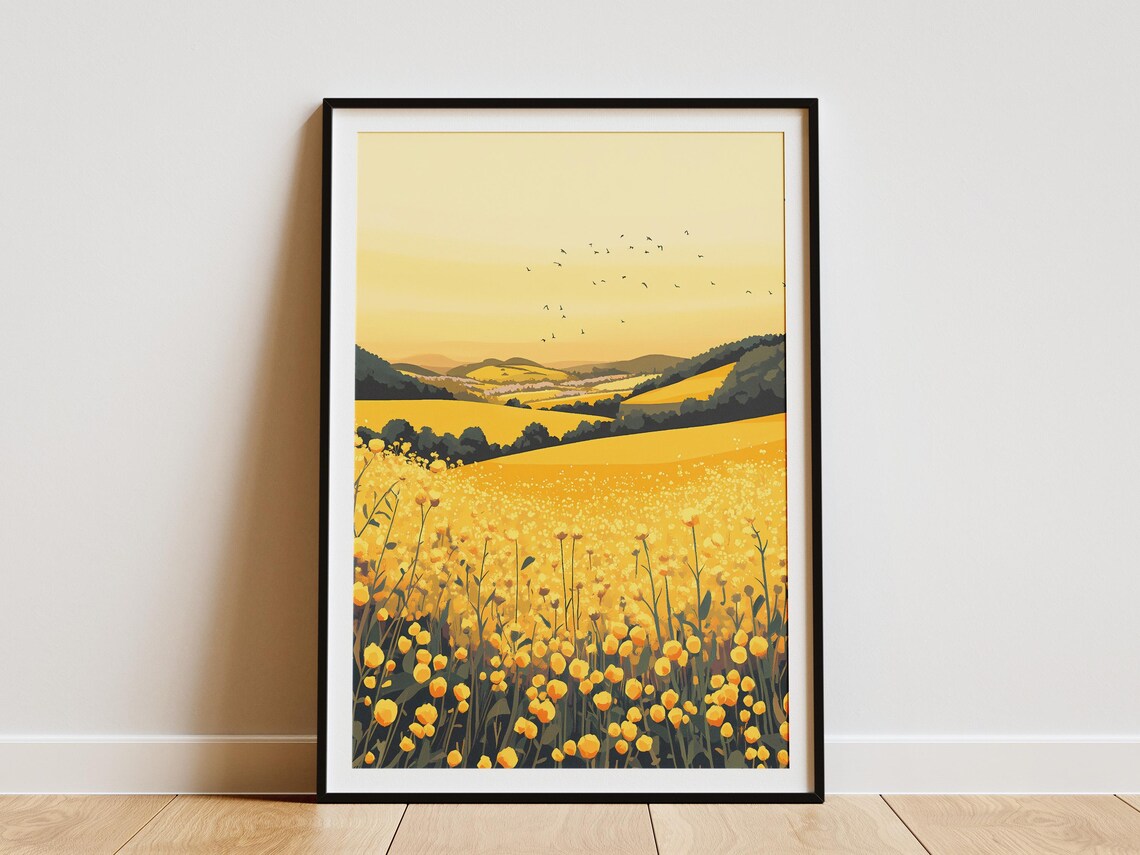 Mustard Flower Field Sunset Landscape, Farmhouse Art Print