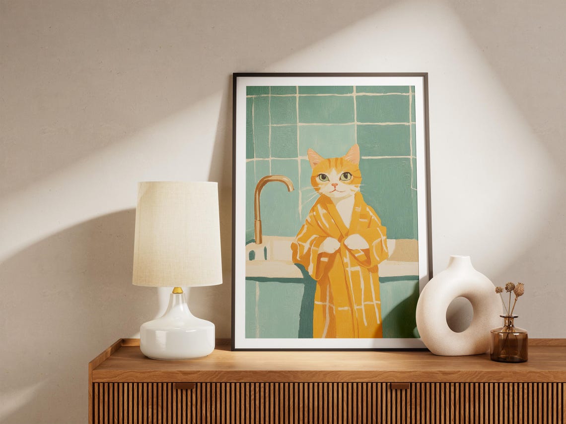 Orange Tabby Cat in Orange Bathrobe Green Tiled Sink Art Poster - Image 4
