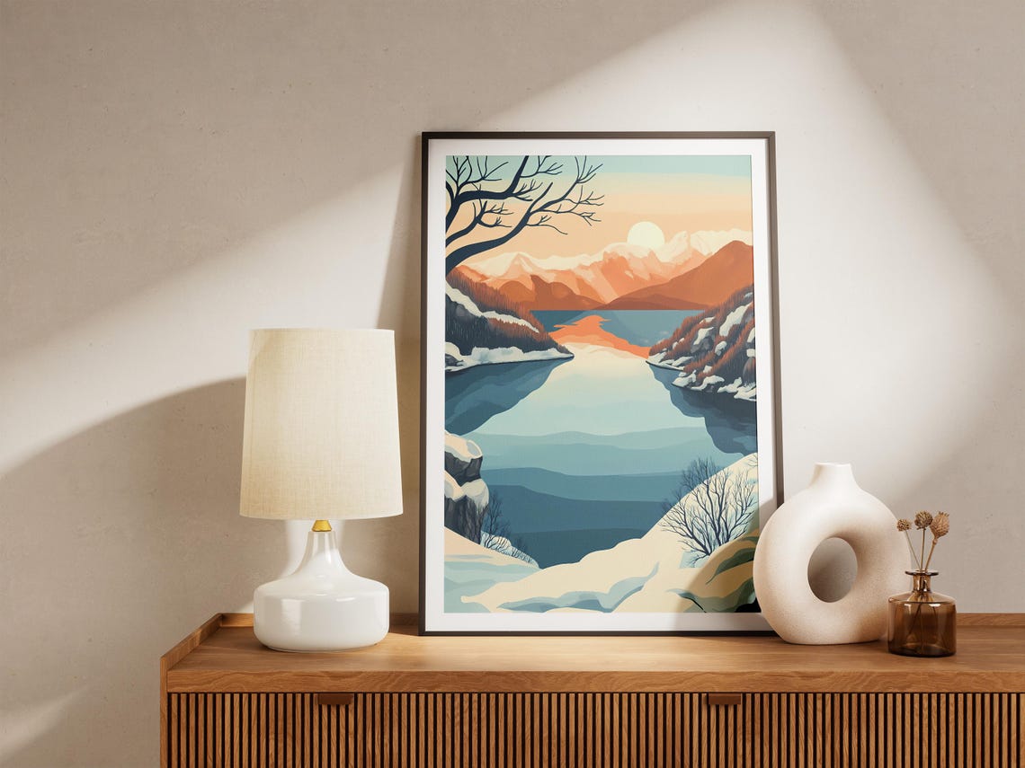 Blue Winter Lake With Snowy Shores Under Peach Sunrise Poster - Image 5